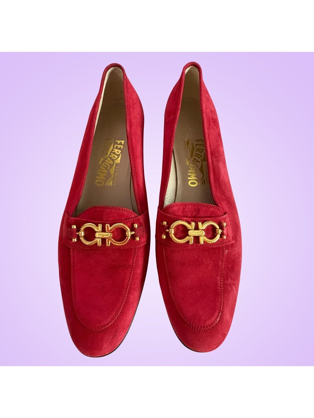 9.5 Vintage Salvatore Ferragamo Red Suede Gancini Loafers Made in Italy Women’s